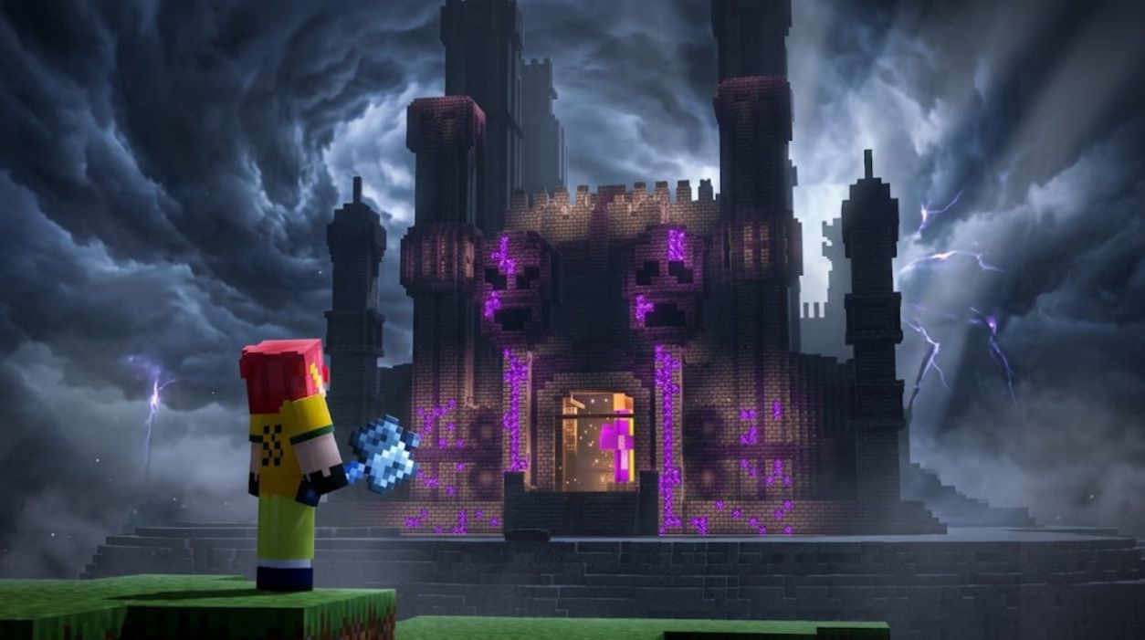 Curso de Frações do Titio Spini com fórmulas matemáticas e skin do Minecraft